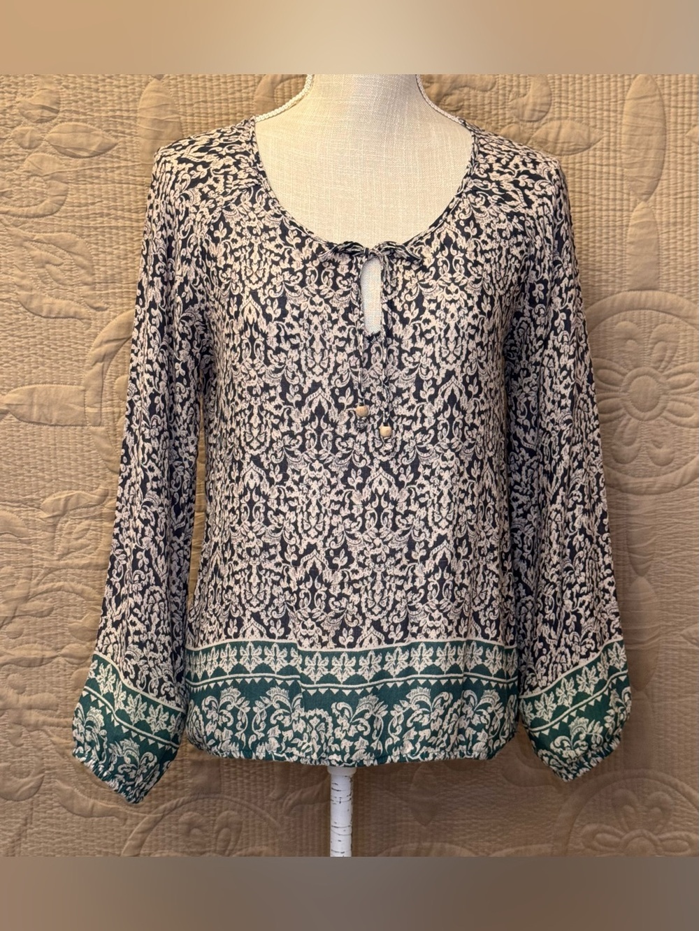 Boho Women's Navy and Cream Printed Long-Sleeve Tie-Neck Blouse